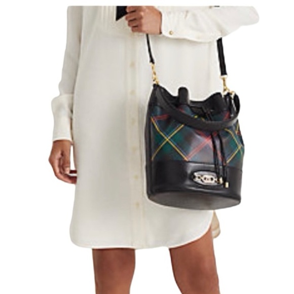 Ralph Lauren Andie Bucket Drawstring Plaid Leather Crossbody Bag - Picture 4 of 17
